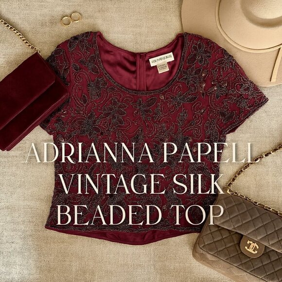Adrianna Papell Vintage Silk Beaded Top Burgundy Red Petite 10 Short Sleeve Luxe - Picture 1 of 15
